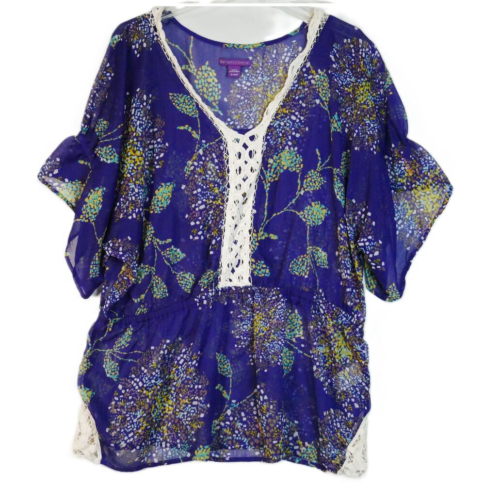 Beverly Drive Woman Plus Size 16/18W Short Sleeve Tunic Blue Floral Blouse Sheer
